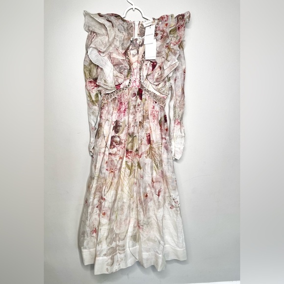 NWT Zimmermann Dancer Laced Midi Ruffled Floral Print Linen And Silk Size 0 - Picture 4 of 13